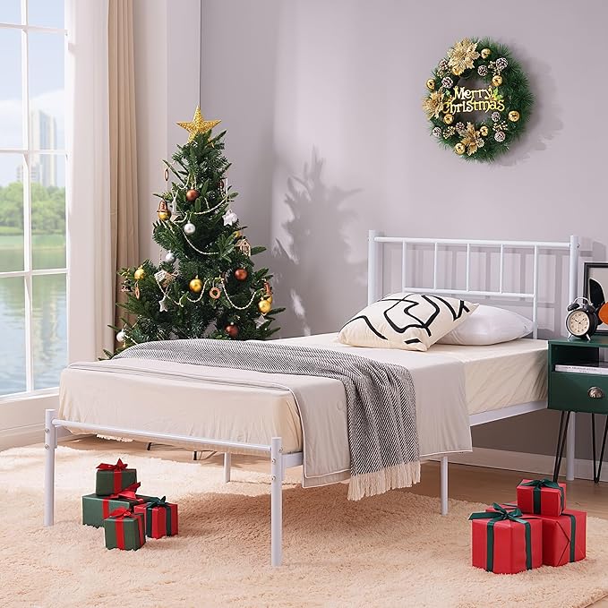 VECELO Twin Metal Platform Bed Frame with Headboard, Heavy Duty Steel Slat Support, Under Bed Storage,No Box Spring Needed, Easy Assembly
