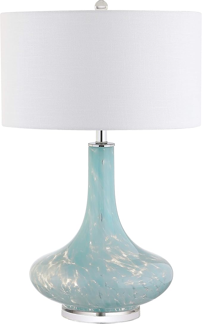 JONATHAN Y 29" Ice Blue Teardrop Glass LED Table Lamp, Contemporary Gourd Lamp with White Linen Drum Shade and Chrome Base for Living Room Bedroom, LED Bulb Included JYL2001A