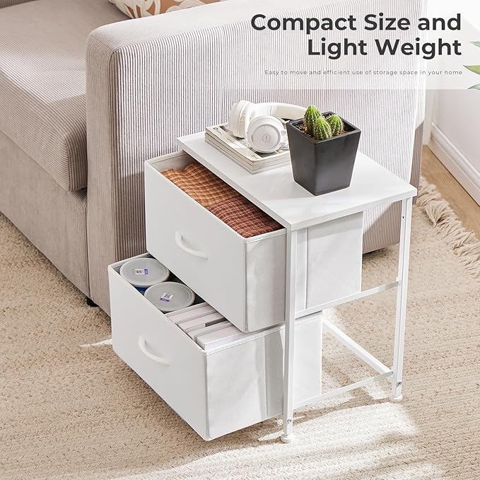 NEWBULIG Nightstand with 2 Fabric Drawers, 25 Inch Tall Small Dresser, Bedside Table with Storage for Bedroom, Closet, Entryway, Dorm, 2 Pack with Sturdy Frame and Compact Design, White02