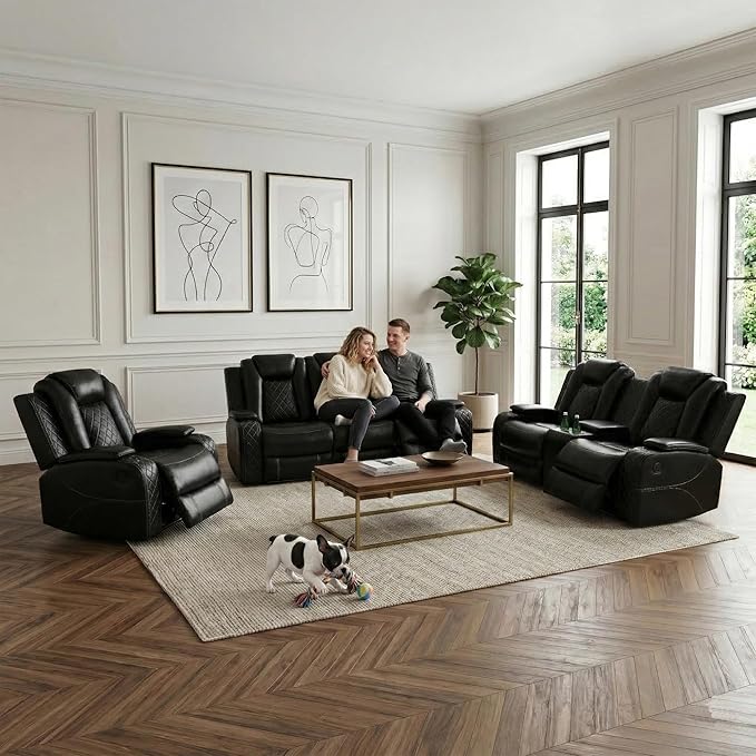 Power Recliner Loveseat and Chair, Air Leather Reclining Couch with LED/Cup Holders/Storage, 2 Pieces Reclining Living Room Furniture, Black Leather Loveseat and Chair for House/Apartment/Office