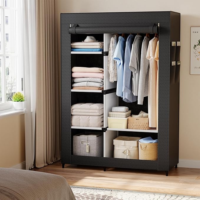 DUMOS Portable Wardrobe Closet with Cover, Freestanding Portable Garment Rack, Portable Closet Wardrobe for Clothes Storage, Clothes Organizer for Bedroom, Dorm, Apartment, Black.