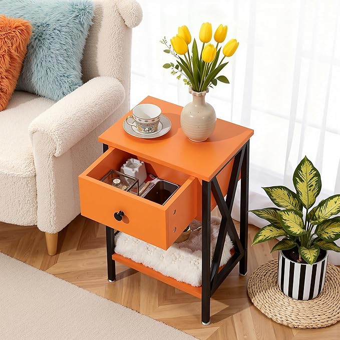 VECELO Nightstand,Modern Bedside End Table, Night Stand with Drawer and Storage Shelf for Living Room Bedroom, Industrial Metal Frame