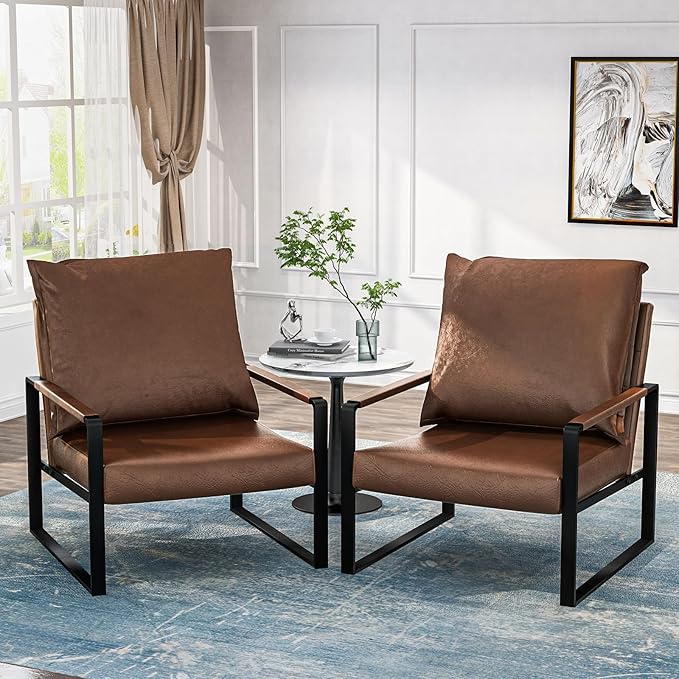 AWQM Modern PU Leather Accent Chair Arm Chair with Extra-Thick Padded Backrest and Seat Cushion Sofa Chairs for Living Room Bedroom, 105 Degree Slant Back, Non-Slip Adsorption Feet-Brown-1（Set of 1）