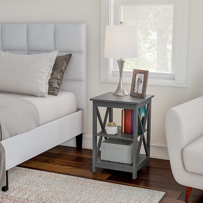 Lavish Home Wooden End Table - Modern Style Sofa Side Table with X-Leg Design and Two Shelves - Small Furniture for Living Room or Bedroom (Gray)