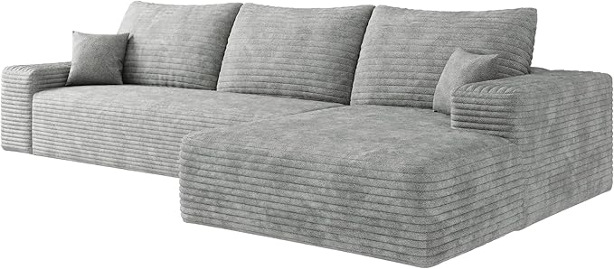 107" Oversized L Shaped Couch with Chaise, Minimalist Compressed Boneless Couch No Assembly Required, Modular Cloud Sectional Sofa for Living Room Bedroom, Right Facing Chaise, Plush Corduroy, Grey