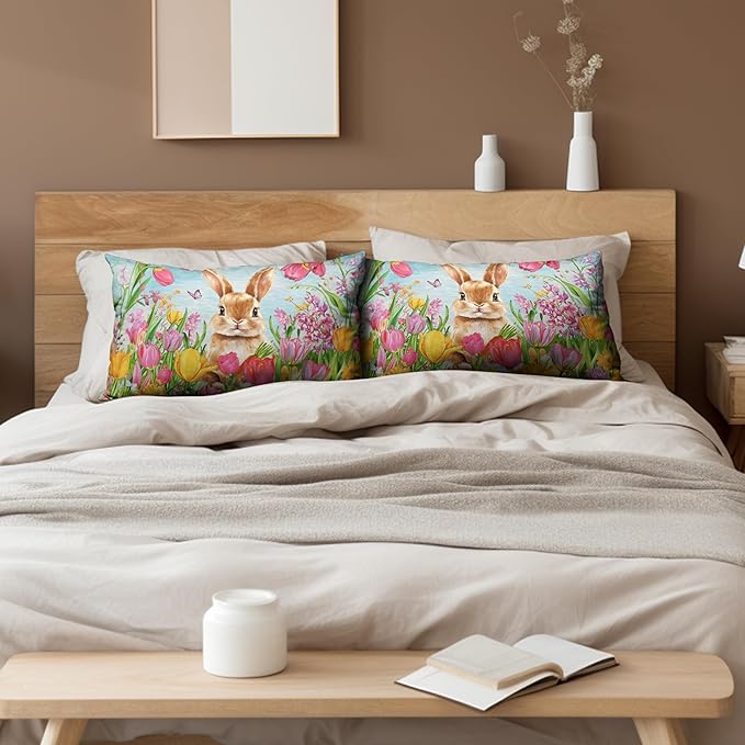 Easter Bunny Lumbar Pillow Covers 12x20 Set of 2 Lovely Rabbit with Tulip Throw Pillow Covers Spring Pillow Case Floral Cotton Blend Cushion Case for Easter Decor Sofa Patio Garden