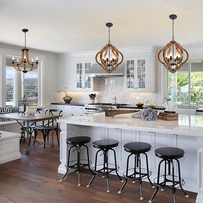 18.5" Farmhouse Chandelier for Dining Room, 6-Light Farmhouse Wood Chandelier, Rustic Dining Room Light Fixture, Rustic Pendant Lighting for Kitchen Island Living Room Bedroom Foyer