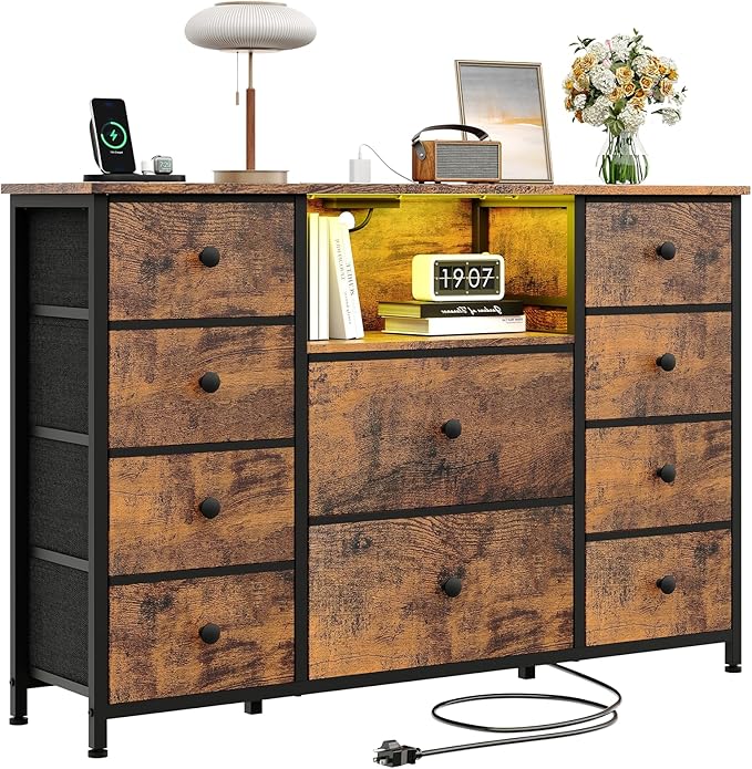 Dresser for Bedroom with 10 Drawers, Storage Organizer TV Stand for 55" TV with LED Lights and Sockets, Fabric Chest of Drawers with PU Finish for Kid Room, Living Room, Hallway, Brown