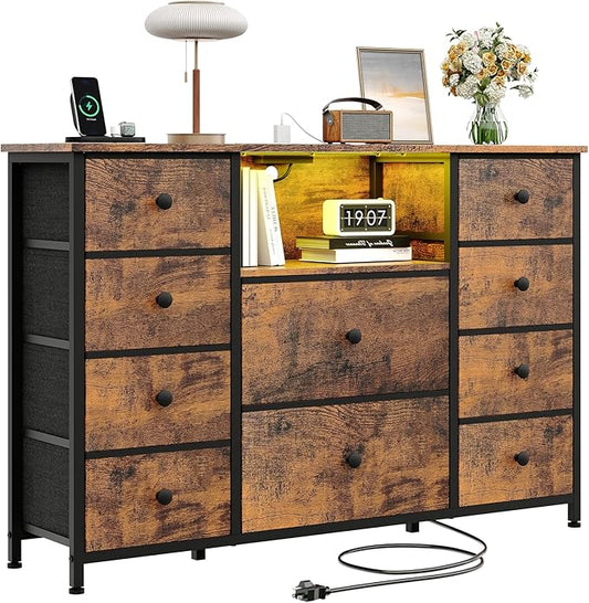 Dresser for Bedroom with 10 Drawers, Storage Organizer TV Stand for 55" TV with LED Lights and Sockets, Fabric Chest of Drawers with PU Finish for Kid Room, Living Room, Hallway, Brown