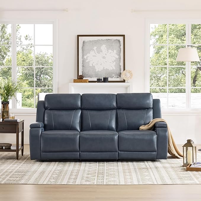 Watson & Whitely Genuine Leather Power Recliner Sofa, 3 Seater Zero Gravity Reclining Couch with Power Headrest & Flip Middle Backrest Table, Hidden Storage, Cup Holders for Living Room, Navy Blue