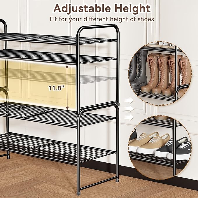 2 Tier Shoe Rack, 32.5" Wide Stackable Sturdy Metal Shoe Shelf Storage Organizer with Height-Adjustable for Entryway, Closet, Black