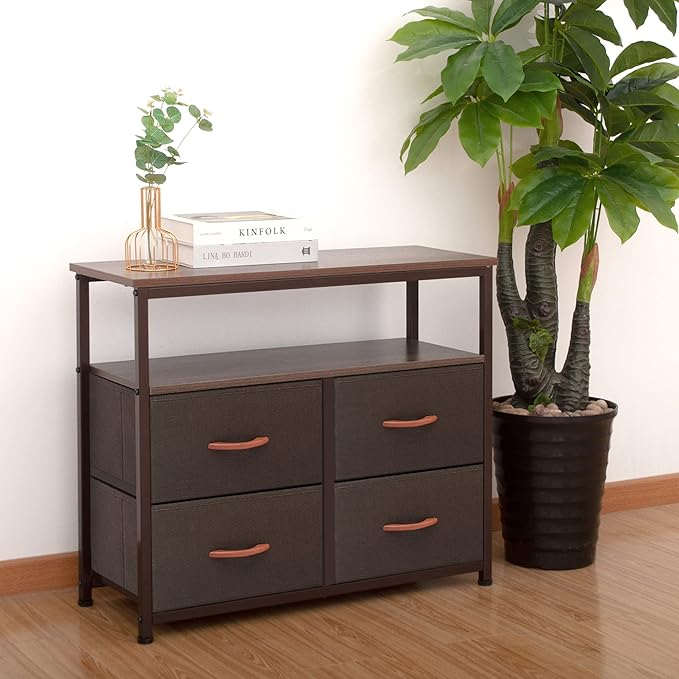 Dresser for Bedroom, 4 Drawer Organizer Unit with Open Shelves, Sturdy Steel Frame, Wooden Top Fabric Dressers & Chest of Drawers for Nursery, Living Room, Office, Closet Storage, Coffee