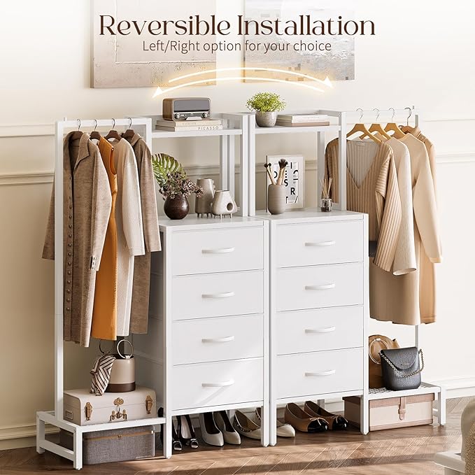 Yoobure White Dresser with Hanging Rack - Small Dresser for Bedroom with 4 Drawers, 44'H Chest of Drawers, Reversible Kids Dressers with Storage Shelf, Closet Dressers with Clothes Rack, Sturdy Frame