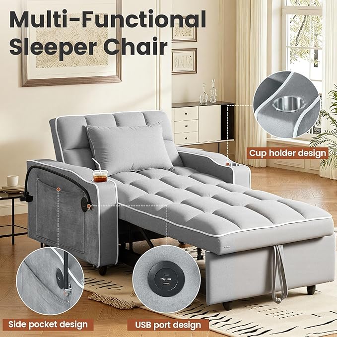 Sleeper Chair, Convertible Pull Out Chair Sleeper with Bracket and Cup Holder, Chairs Bed Sleepers for Adults, 3 in 1 Sofa Bed Chairs for Small Spaces, Living Room, Light Gray
