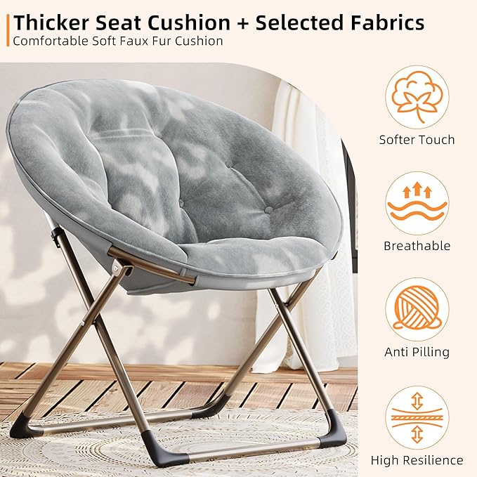 IDEALHOUSE Comfy Folding Padded Saucer Chair, Folding Circle Chair with Metal Frame, Soft Moon Chair for Bedroom, Dorm Rooms, Apartments, Lounging, Garden and Courtyard, Grey with Gold Legs