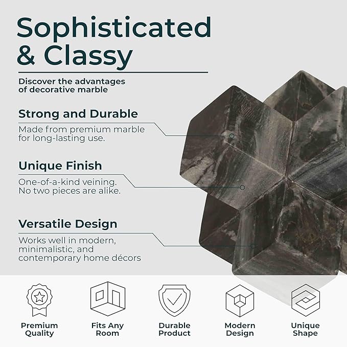 Geometric Cube Decorative Object – Marble Sculpture Modern Home Decor Ornament – Shelf Styling & Coffee Table Decor for Bathroom, Office & Living Room – 7", Gray