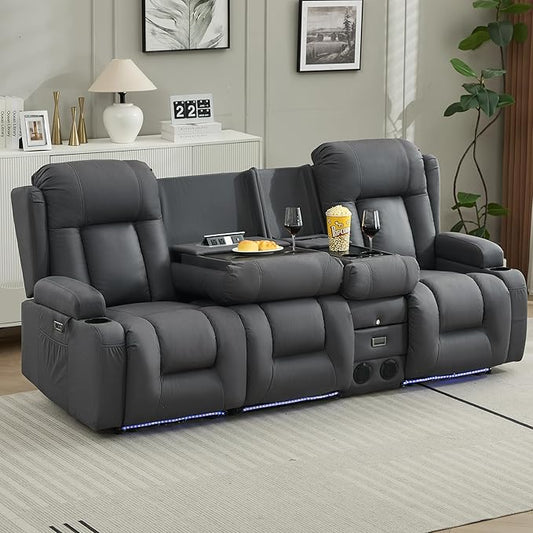 TUNYI Wall Hugger Loveseat Recliner Sofa with Console, Power Reclining Loveseat RV Couch with Massage & Heat/USB/Outlet/Storage/LED Light/Speaker (Blue, 4 Seat)