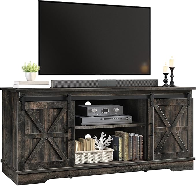 YITAHOME Farmhouse TV Stand for 65 Inch Television Stand, Entertainment Center with Storage Cabinets and Sliding Barn Doors, Rustic Media TV Console Table for Living Room, Dark Rustic Oak
