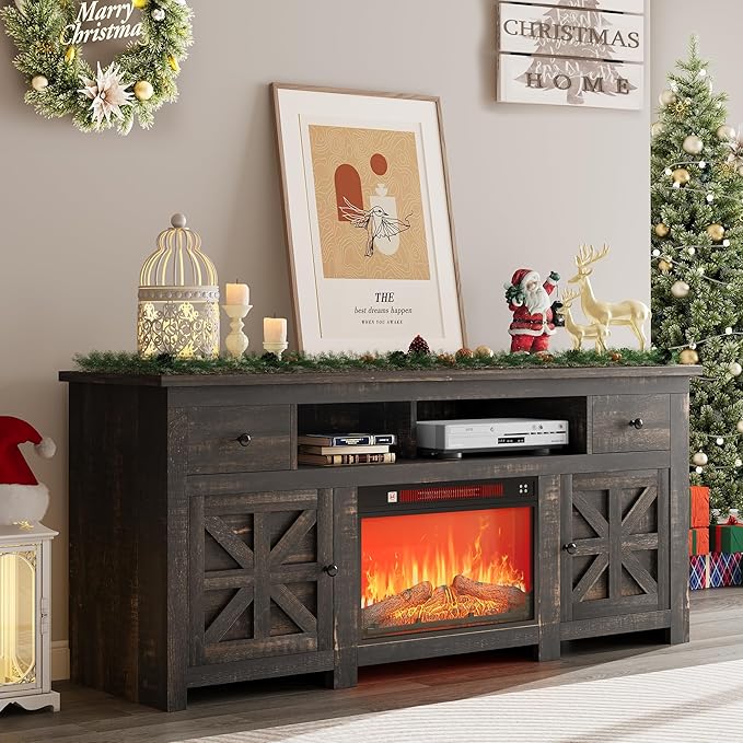 YITAHOME Electric Fireplace TV Stand for TVs up to 80 Inches, Entertainment Center with Fireplace, Farmhouse TV Stands with Storage Drawers & Cabinets for Living Room (Dark Rustic Oak)