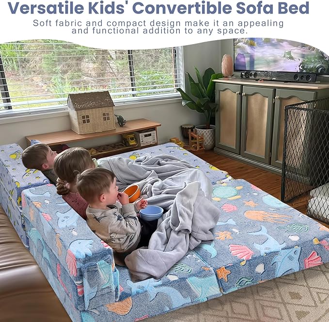 MeMoreCool Foldable Futon Chair Bed for Kids, Glow Tri-fold Sofa Bed Convertible Toddler Sofa Mattress, Foam Floor Couch for Sitting, Blue