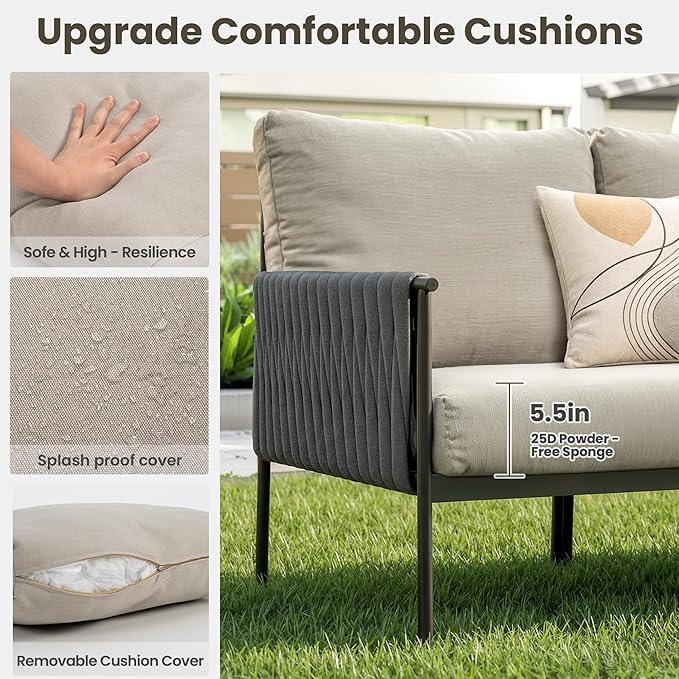 Pamapic 7-Piece Woven Rope Outdoor Furniture Set, Iron Frame Patio Conversation Set with Thick Cushions & 2 Coffee Tables, All-Weather Sectional Patio Furniture Set for Backyard, Porch, Grey