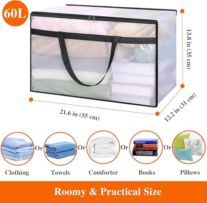 Vieshful 7 Pack 60L Clear Clothes Storage Bags with Zipper and Handles, Large Plastic Organizers for Comforter Clothes Bedding Blankets Duvets Pillow Toys & Moving