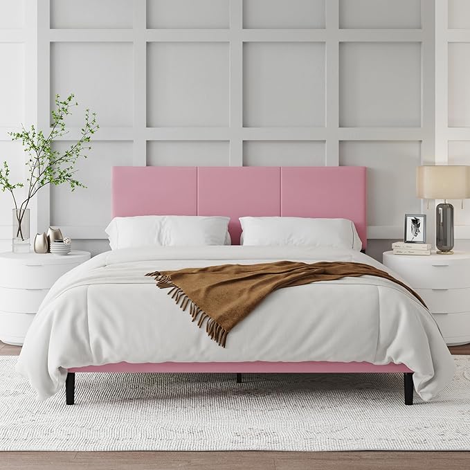 Queen Size Bed Frame with Upholstered Headboard, Sturdy Wood Slats, No Box Spring Required, Silent, Easy Assembly, Pink