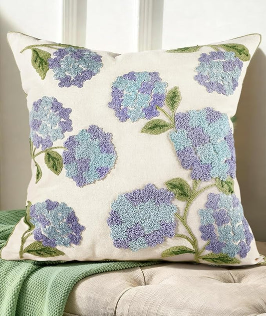 Embroidered Throw Pillow Cover - 18x18 Decorative Pillow Cover with Zipper Aesthetic Cute Design Boho Spring Summer Cozy Throw Pillowcase for Living Room Couch Sofa Bed, Blue Hydrangea