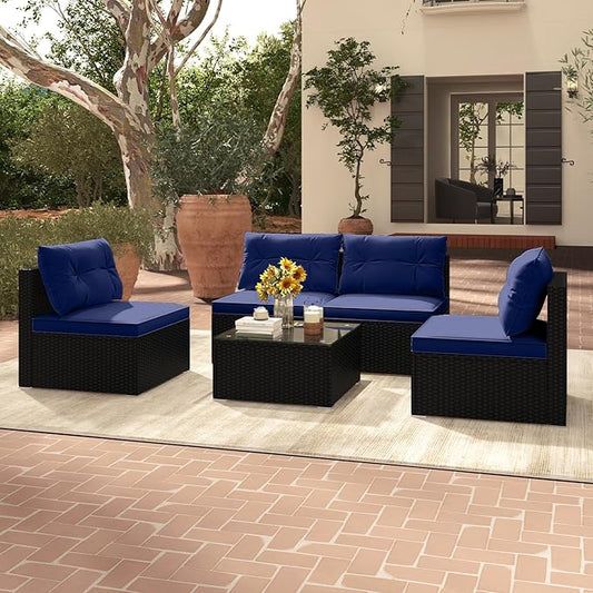 Tangkula 5 Piece Rattan Sofa Set, Outdoor Wicker Furniture Set w/Seat & Back Cushions, Square Coffee Table, Patio Sectional Sofa Set for Backyard, Poolside, Garden (Navy)