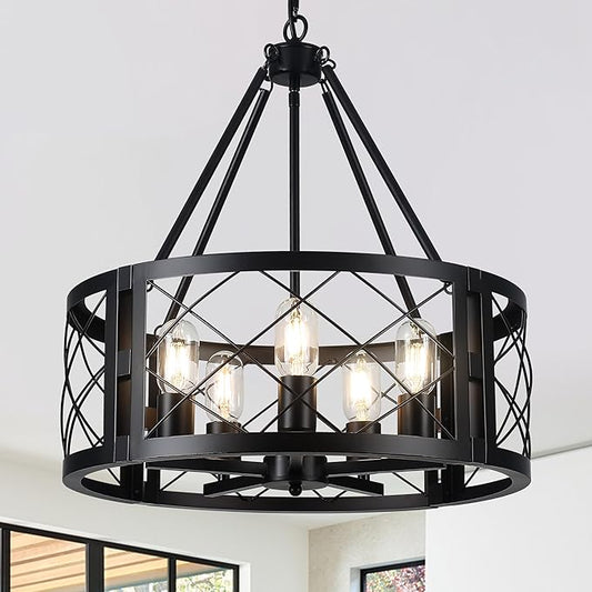 5-Light Farmhouse Chandelier 19.8" Black Rustic Chandelier for Dining Room Wood Texture Adjustable Pendant Light Fixture for Kitchen Island Entryway Bedroom Hallway