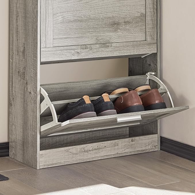 Haotian Enclosed Shoe Rack for Entryway, Narrow Shoe Cabinet with 2 Flip Drawers, Slim Shoe Storage Organizer for Hallway or Small Spaces, Grey, FSR137-HG