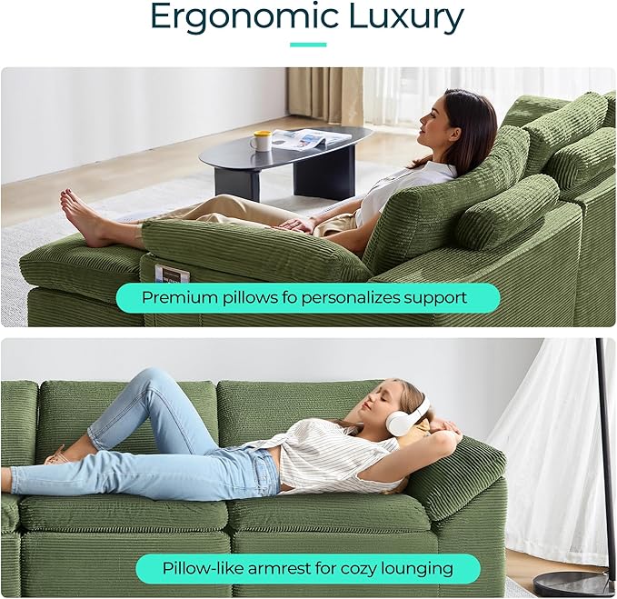 LINSY HOME 109" Modular Couch Modern Boneless Cloud Couch, U Shaped Sofa with Movable Ottomans, Deep Seat Corduroy Sectional Couches for Living Room, Apartment, No Assembly Required, Green