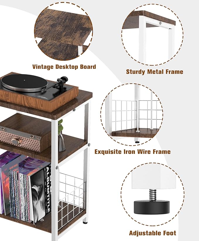 Record Player Stand, 3 Tier Side End Table with Vinyl Record Storage Basket, Turntable up to 100 Albums Record Shelf Display Holder Cabinet for Living Room, Bedroom, Office, White
