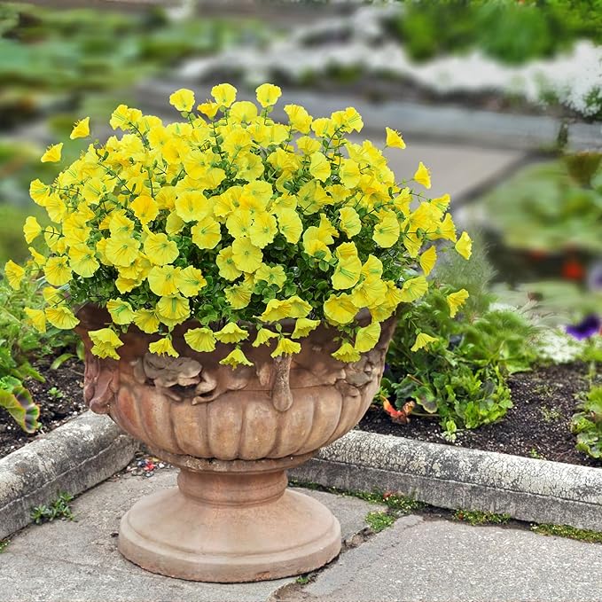 LikSoor 16 Bundles Artificial Flowers Outdoor Spring Summer Decoration Fake Silk Colorful Daisy Eucalyptus Realistic UV Outside Faux Plants for Garden Porch Window Box Home Decor Morning Glory Yellow