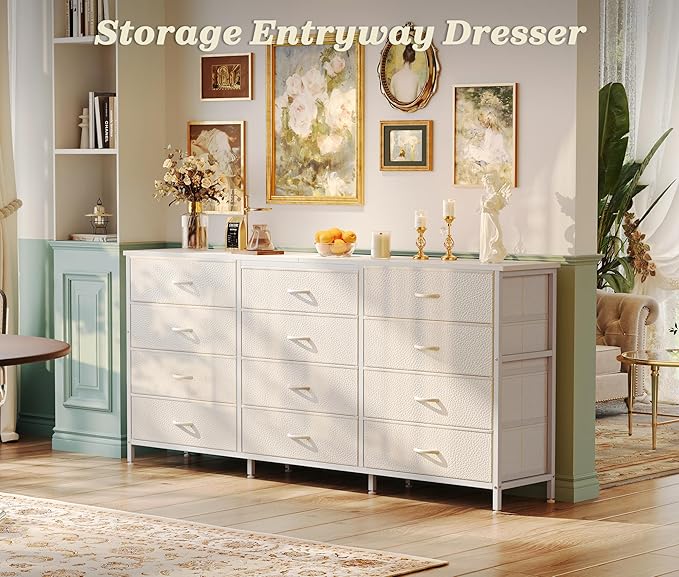 PRAISUN 63 Inch Long Dresser TV Stand for 65, 70 Inch TV, 12 Drawer Dresser for Closet, Bedroom, Large Fabric Drawers, Entryway Hallway Chest of Drawers, Wooden Top, Media Console, PU Leather, White
