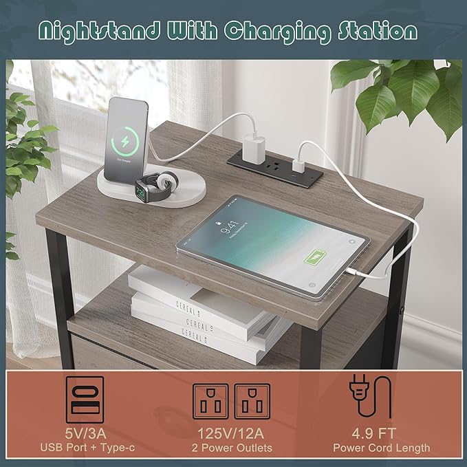 Nightstand with Charging Station,LED Nightstand with 3 Fabric Drawers, Bedside End Tables, 2-Tier Open Storage Shelf, Side Table Nightstand with Drawers for Bedroom,Grey