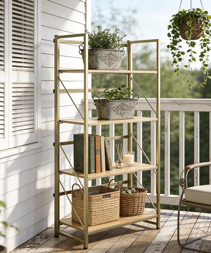 Folding Bookshelf,Multifunctional Foldable Plant Stand Storage Rack Shelves for Home Office, Easy Assembly, 4-Tier,Gold & Nature Wood