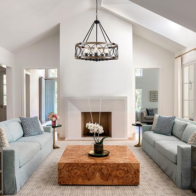 Farmhouse Chandelier for Dining Room 5-Light Black Rustic Drum Chandeliers 20" Wood Texture Adjustable Pendant Light Fixture for Kitchen Island Entryway Bedroom Hallway