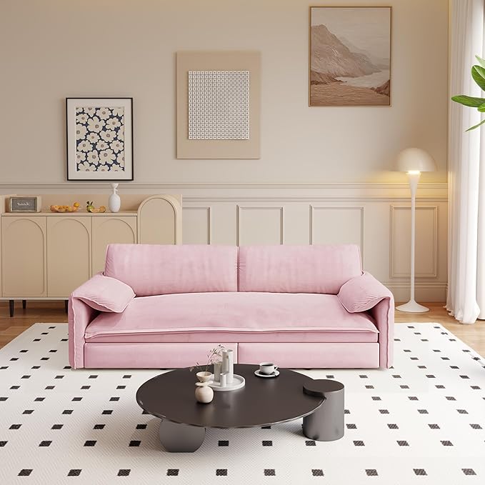 Ball & Cast 63.8" Convertible Sleeper Sofa,3-in-1 Queen Pull Out Couch with Side Pockets,Multi-Functional Velvet Loveseat Bed for Living Room,Bedroom,Apartment,Office,Pink