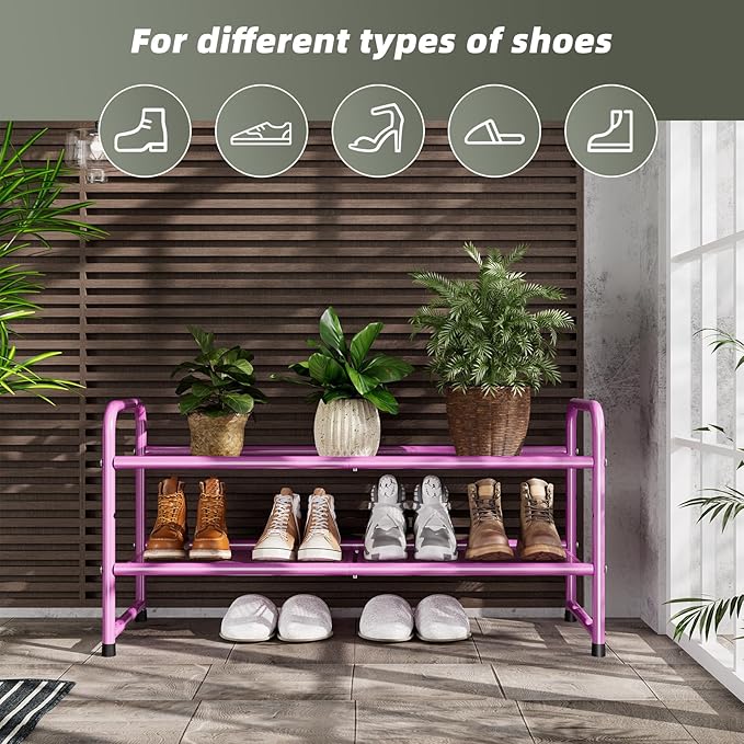 SUFAUY 2 Tier 33" Wide Shoe Rack Closet Metal Mesh, Stackable, Pink