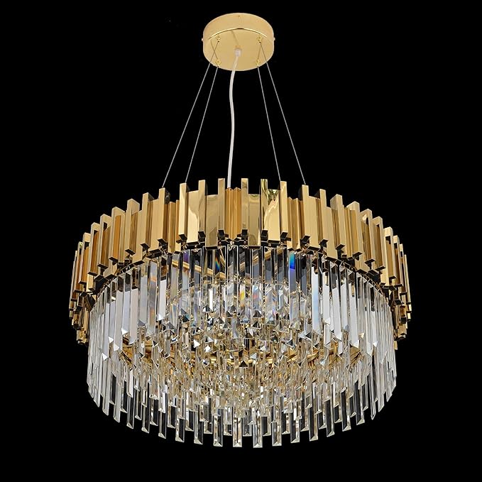 Modern Crystal Chandelier Lighting Round Gold Pendant Lights Fixture with Stainless Steel Shade Island Chandeliers Ceiling Dining Room Living Room Contemporary Kitchen Dimmable 12-Lights
