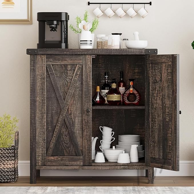 GarveeHome Small Storage Cabinet, Farmhouse Sideboard Buffet Cabinet with 2 Doors and Adjustable Shelves, Accent Entryway Console Cabinets for Living Room, Dining Room (Dark Oak, 2 Pieces)