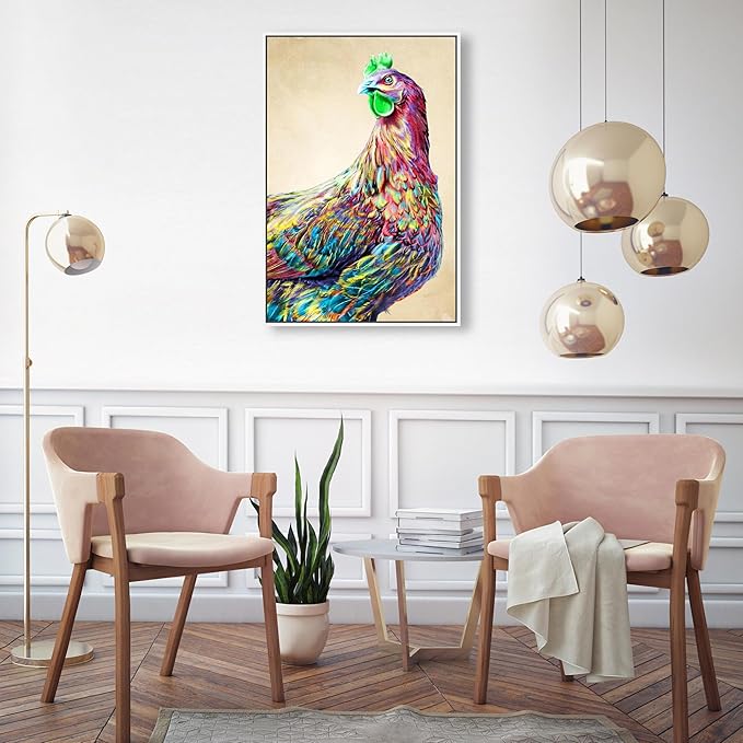 Country Farmhouse Canvas Print Painting Animal Wall Art 'Fun Colorful Glam Rooster' White Framed Canvas Rustic Home Décor 20x30 in Pink, Green by Oliver Gal