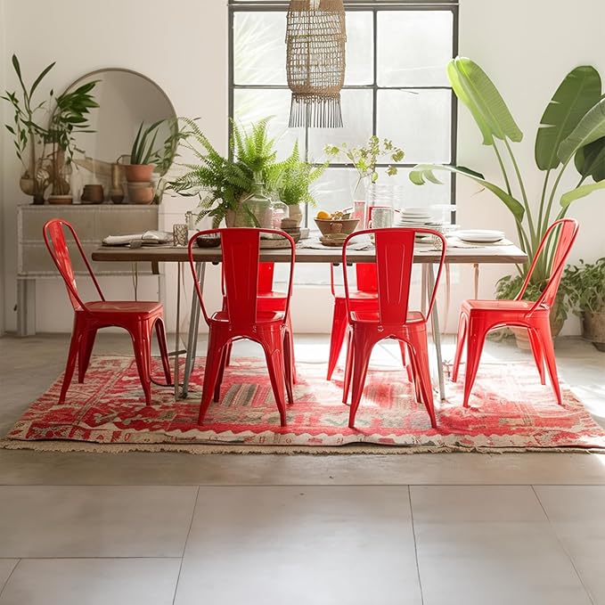 AC Pacific 18 Inch Seat Height Industrial Metal Dining Chairs, Stackable Kitchen or Bar Seat, Durable Modern Design, Versatile Accent Furniture, Set of 4, Red