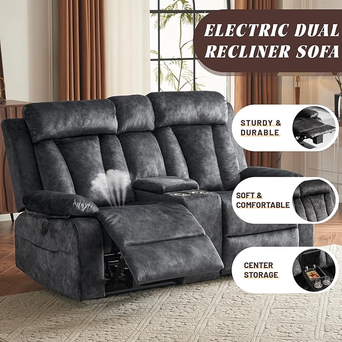 Electric Power Reclining Sofa Set - 3-Seater with Flip-Top Console & Massage Heat, Faux Leather Dual Recliner with USB Ports & Storage, Perfect for Living Room Comfort & Convenience (Gray)