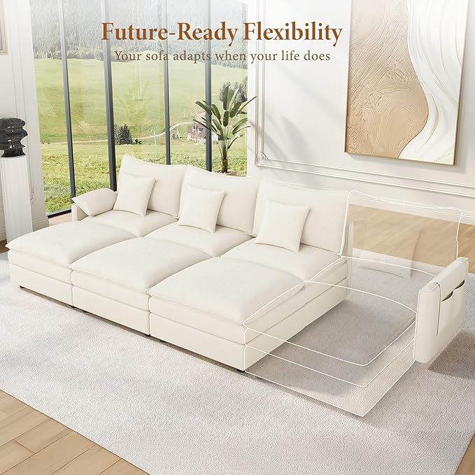 Vesgantti 108" Sectional Sleeper Sofa, 6-Seater Oversized Modular Cloud Couch with Movable Ottoman, Chenille Large Sofa Bed Convertible Deep Seat Couches for Living Room, Bedroom and Apartment, White | Sink-in Comfort, Height Adjustable, Easy Rearrange...