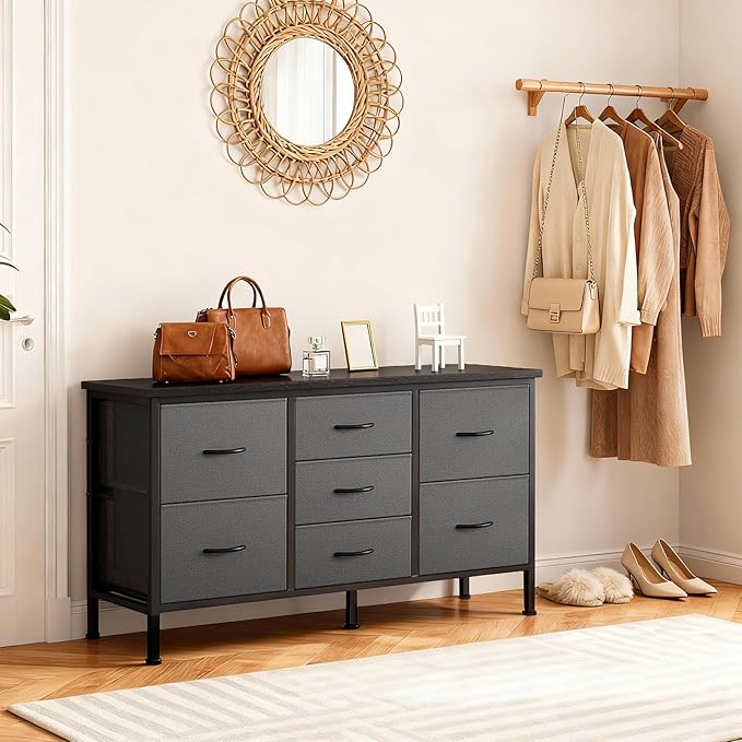 DUMOS TV Stand for Bedroom with Storage TV Stands for Living Room Grey, 7 Drawer Farmhouse Entertainment Center Media Console Table with Metal Frame Adjustable Feet