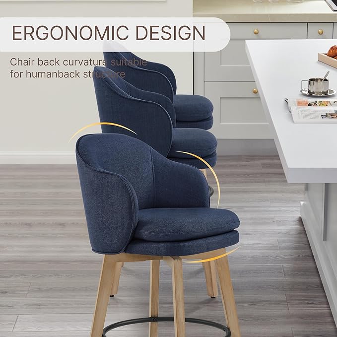 Counter Height Barstools 26 inch Upholstered Swivel Bar Stools with Back and Wood Legs for Kitchen Island,Set of 2,Blue Fabric