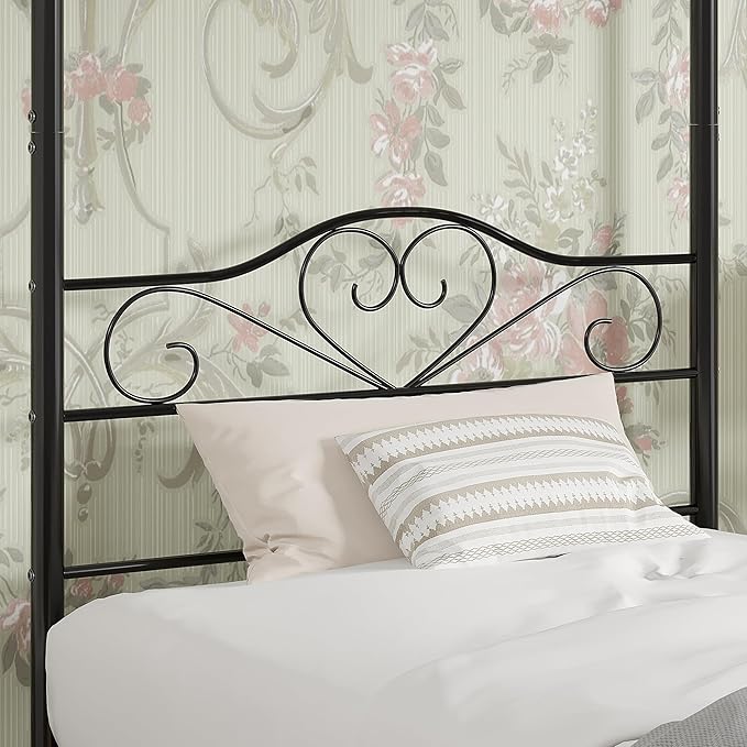 VECELO Twin Canopy Bed Frame with Headboard and Footboard, Metal Four Posters Design, Mattress Foundation Platform with Steel Slats Support, Underbed Storage Space, No Box Spring Needed, Black