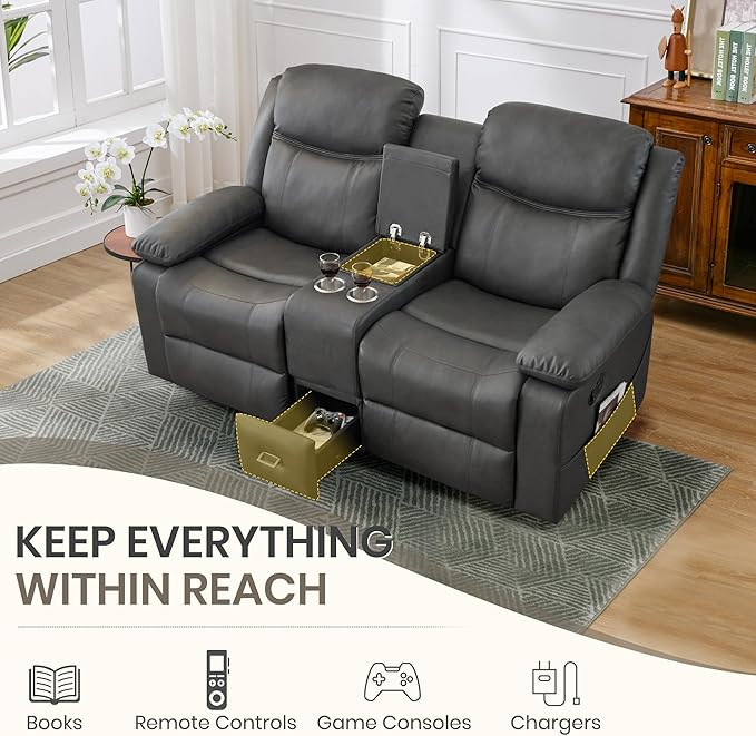 Manual Reclining Loveseat with Massage and Heat, Double Recliner Sofa with Center Console, Cup Holders & Storage for Living Room, RV (Grey)